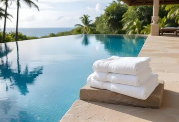 Obraz premium White towels on a wooden bench next to a swimming pool with a tropical landscape in the background