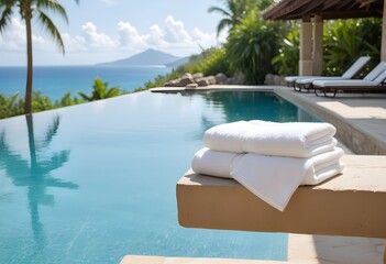 Obraz premium White towels on a wooden bench next to a swimming pool with a tropical landscape in the background