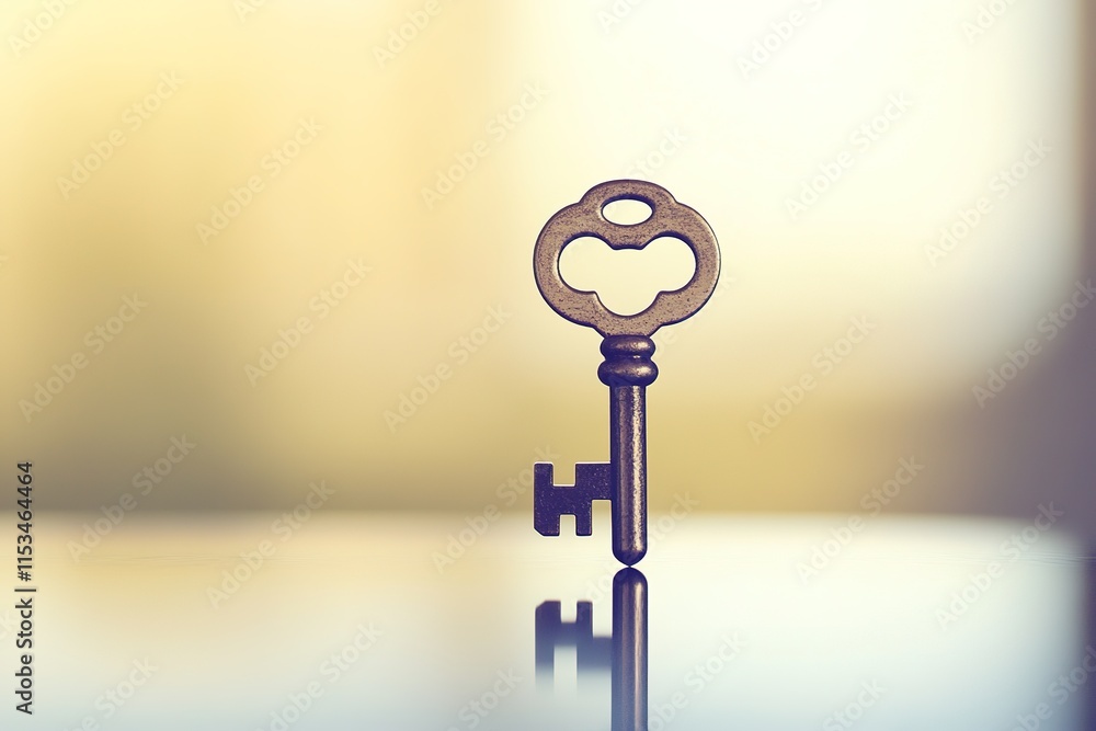 Poster decorative key symbol displayed on smooth reflective surface with softly blurred background