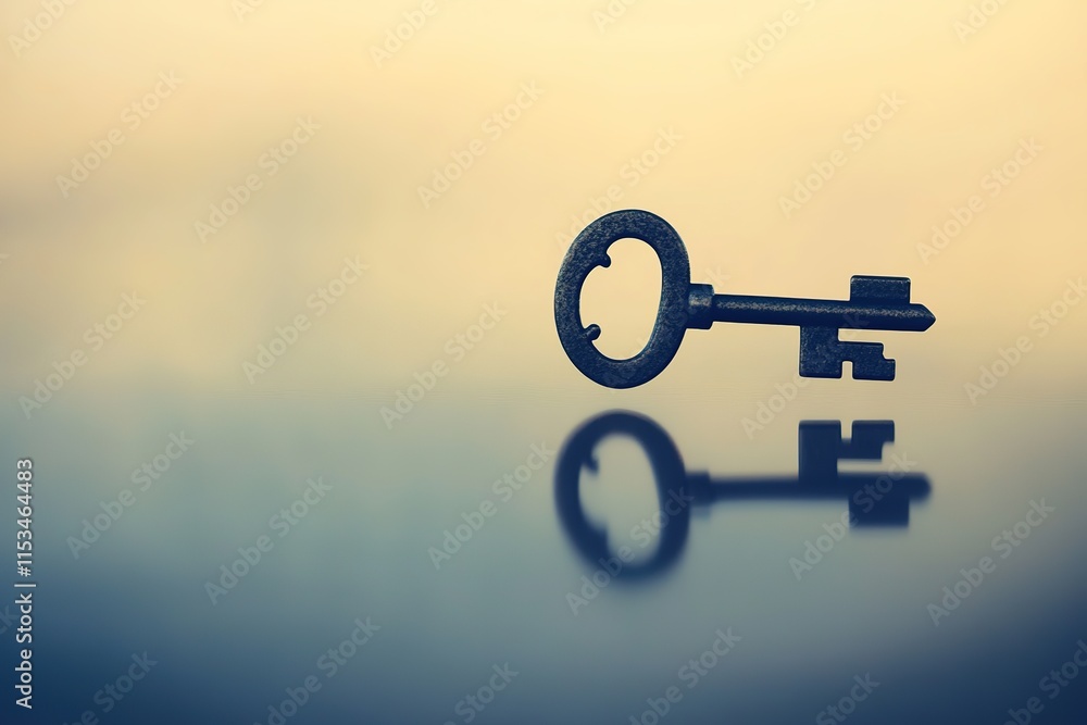 Poster decorative key symbol displayed on smooth reflective surface with softly blurred background