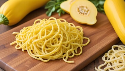 Yellow squash noodles on a wooden board , with a yellow squash in the background