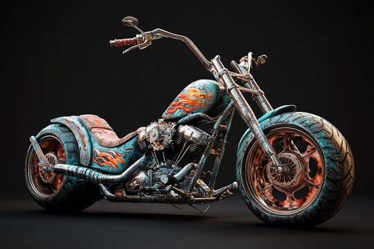 custom chopper 3d model with extended handlebars flame graphics and bold metallic finish