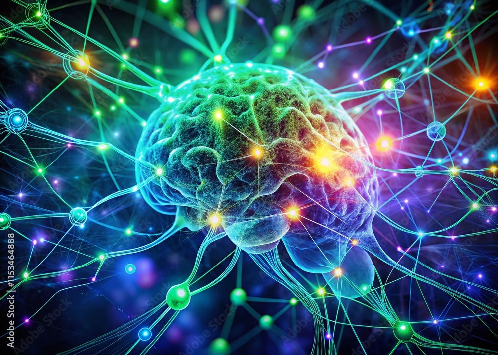 Poster glowing neural network: abstract brain activity portrait