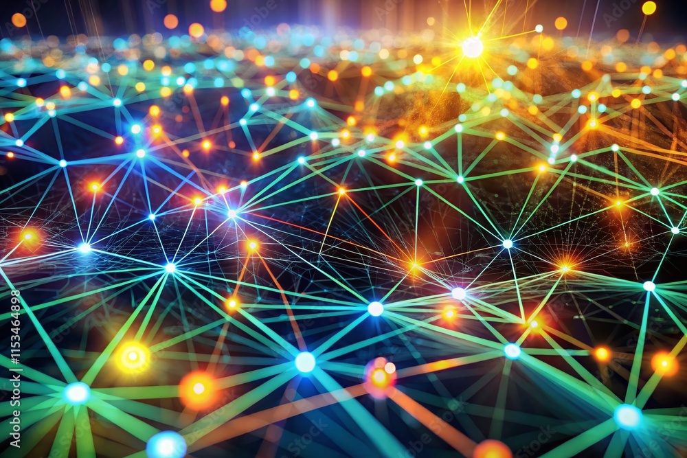 Poster glowing nodes & data streams: abstract network connectivity stock photo