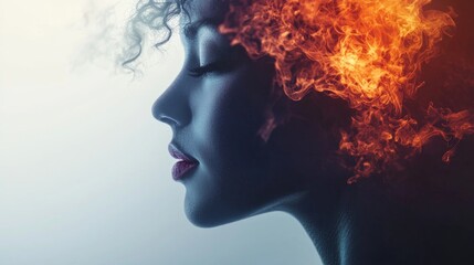 Profile of woman in dramatic fire and smoke light