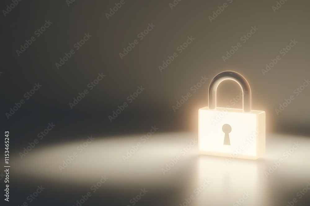 Poster glowing padlock icon displayed on smooth matte white surface under soft directional light