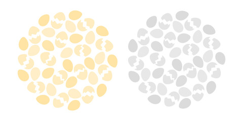 Cracked eggshell and Eggs Circle Background in trendy monochrome gold and grayscale. Eggs background