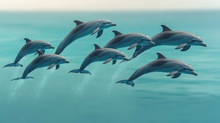 Fototapeta premium group of dolphins jumping in unison above turquoise sea their sleek bodies creating arcs above water