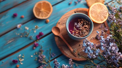 Obraz na płótnie Canvas Rustic herbal tea setup with dried oranges