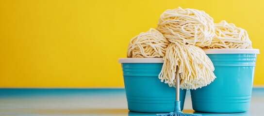 Cleaning supplies: mop head and teal buckets against yellow background.