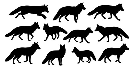 Naklejka premium set of fox silhouette on white background isolated vector.