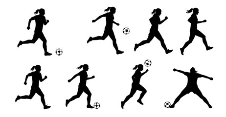 set of Football, female soccer player, sports avatar Vector silhouette on white background.
