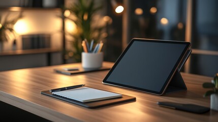 Fototapeta premium Tablet Pen Notepad On Wooden Desk In Office Setting