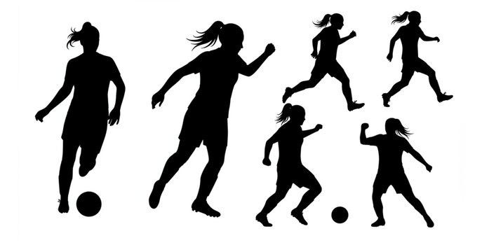 set of Football, female soccer player, sports avatar Vector silhouette on white background.