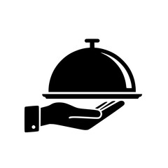 Fototapeta premium silhouette vector Hand holding Silver serving cloche raised above empty golden plate, cut out 