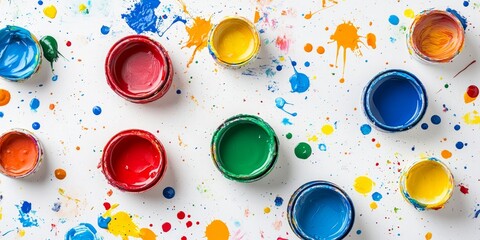 Colorful and messy children s paint pots scattered on a white background, showcasing the vibrant chaos and creativity typical of children s art activities with paint pots.