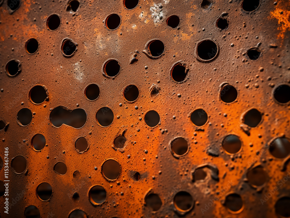 Poster iron sheet with rust and holes creating a worn texture