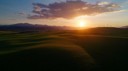 Serene sunset over rolling hills with wind turbines in distance.
