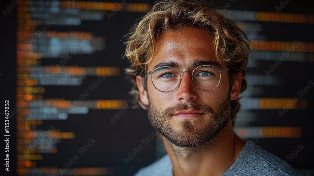 Poster person with glasses is in focus, with computer code blurred in the background, creating a tech-savvy