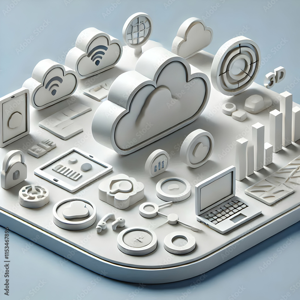 Poster 3d minimalist cloud icons with data tools on clean white background for digital marketing banners an