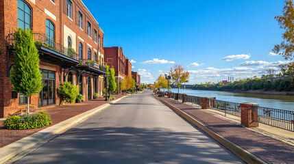 Fototapeta premium Vibrant riverfront street in Little Rock Arkansas with historic brick buildings and scenic water views