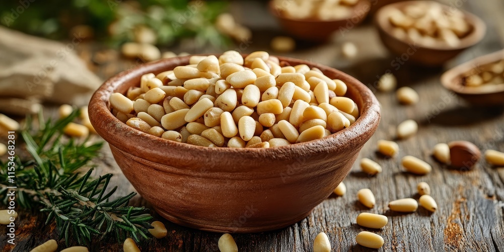 Poster pine nuts displayed in an earthenware bowl, with additional pine nuts scattered elegantly across the