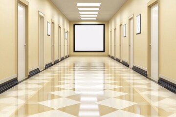 Fototapeta premium Elegant Empty Corridor with Beige Walls and Polished Tiles