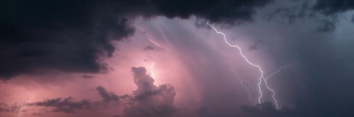 Dramatic thunderstorm with lightning illuminating dark clouds in a purple gradient sky