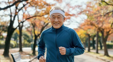 Elderly asian male jogging in autumn park for fitness and wellbeing