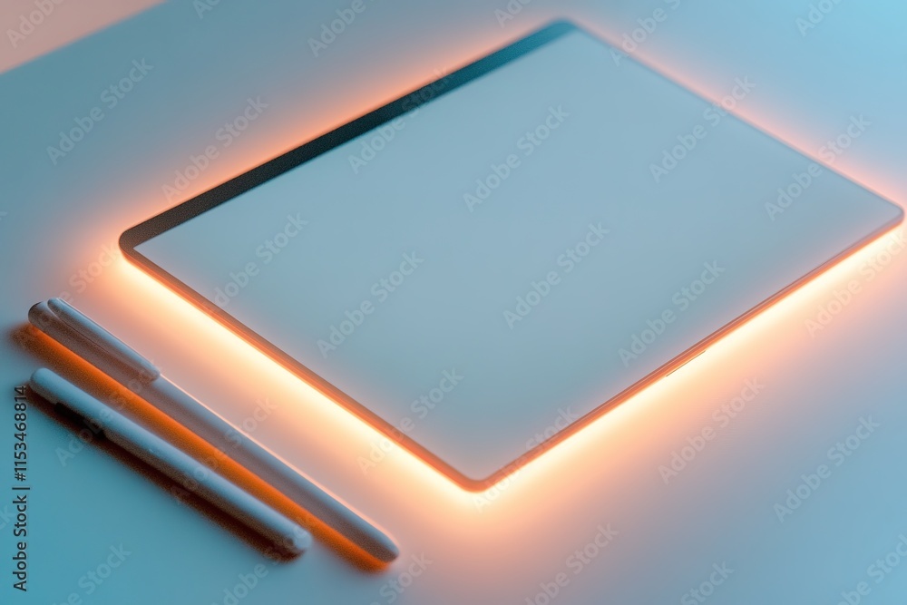 Poster clean arrangement of editing tools including graphic tablet and stylus displayed on smooth matte sur