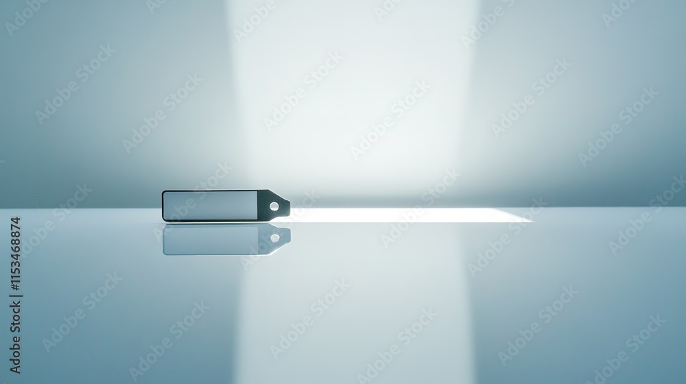 Poster clean flat lay of security badge displayed on smooth reflective white surface under bright direction