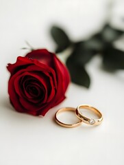 A romantic arrangement featuring a red rose and wedding rings, symbolizing love and commitment.