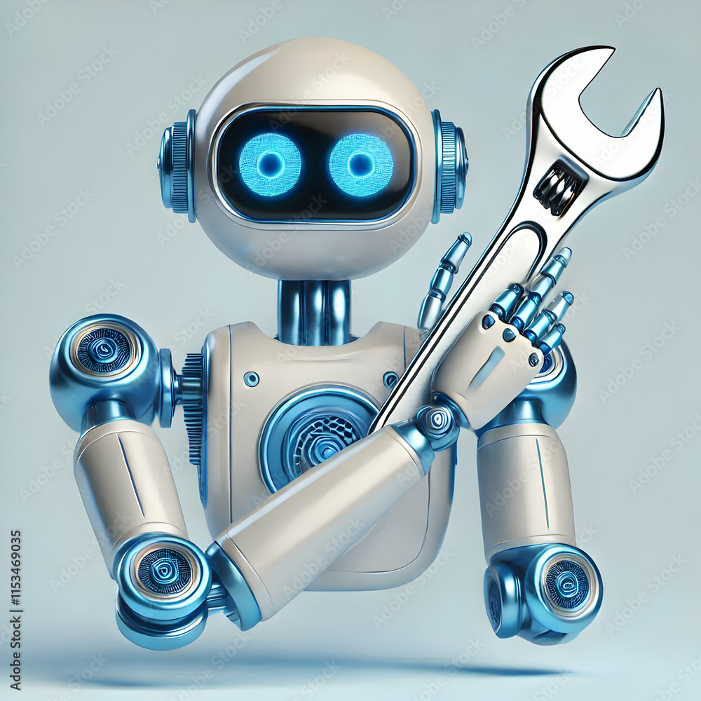 Poster 3d glossy robotic arm holding wrench on white background symbolizing ai automation in industry