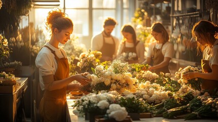 Five people in aprons arrange flowers in a sunlit workshop, surrounded by various white and green floral arrangements and foliage