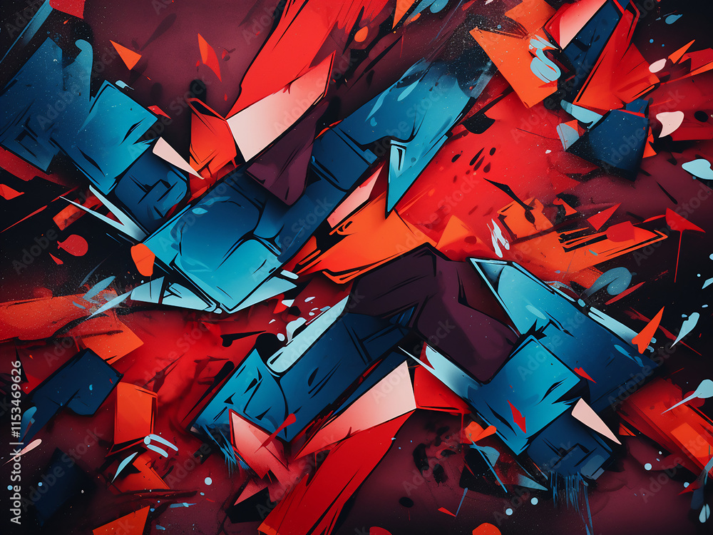 Poster abstract street art image with chrome and red graffiti patterns