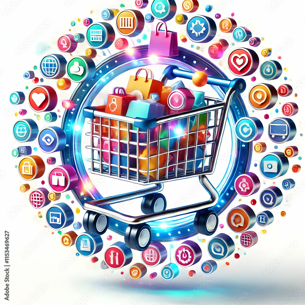 Poster 3d holographic shopping cart macro shot with floating colorful products icons on isolated white back