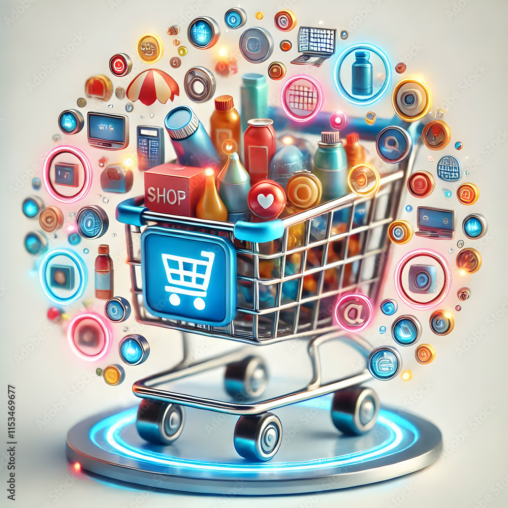 Poster 3d holographic shopping cart macro shot with floating colorful products icon