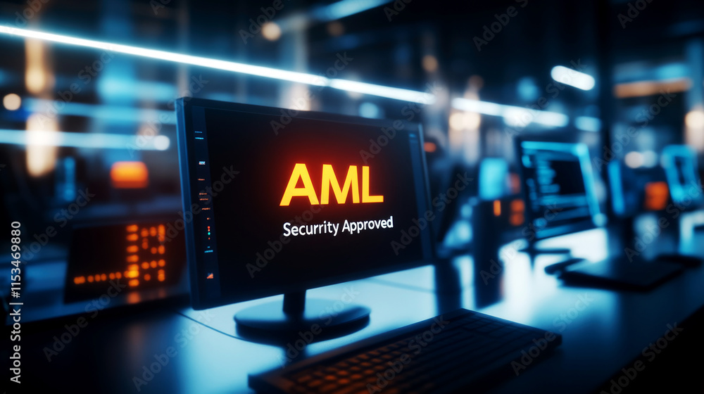 Aufkleber aml security approval check report in a high-tech monitoring room digital environment professional v