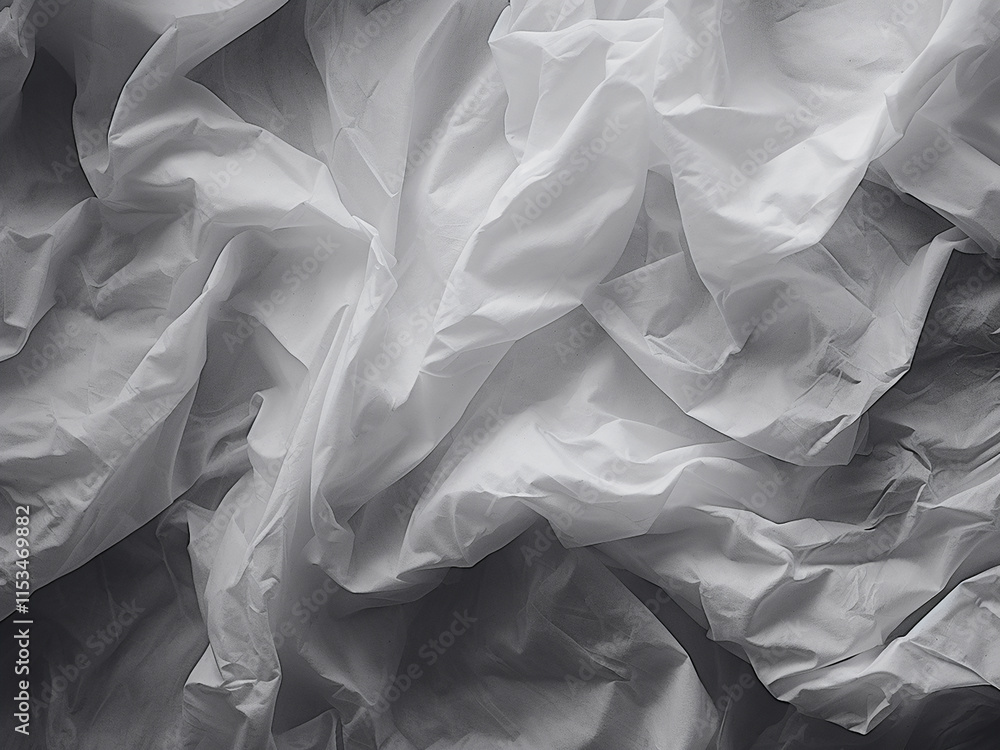 Poster crumpled tissue paper in white and gray tones creating a textured abstract background