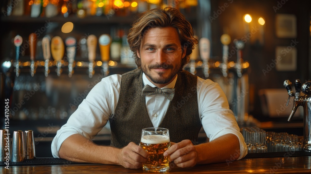 Poster bartender with a beard and bow tie smiles while holding a beer in front of a bar with taps