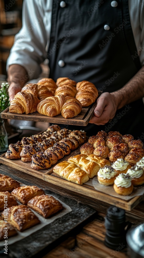 Poster chef holds a tray of fresh croissants above a table filled with assorted pastries, ready for serving