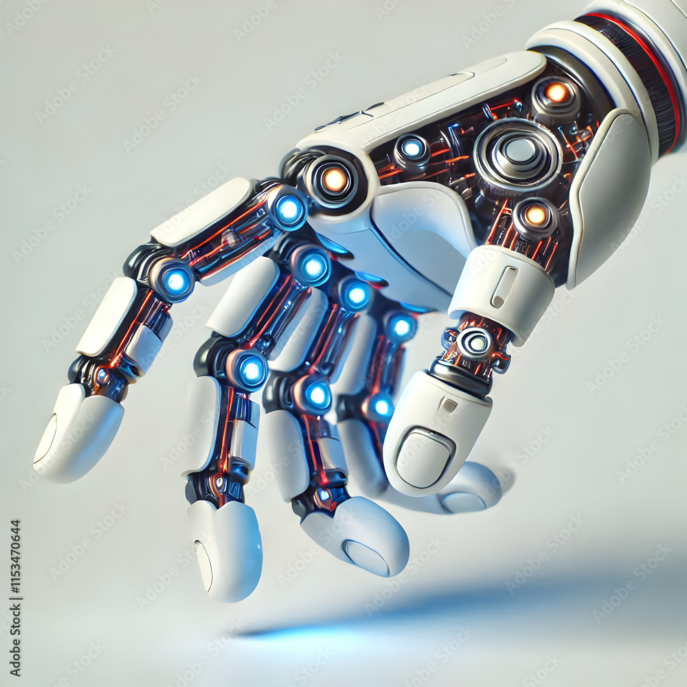 Poster 3d macro shot futuristic robotic hand led lights tech design showcase copy space