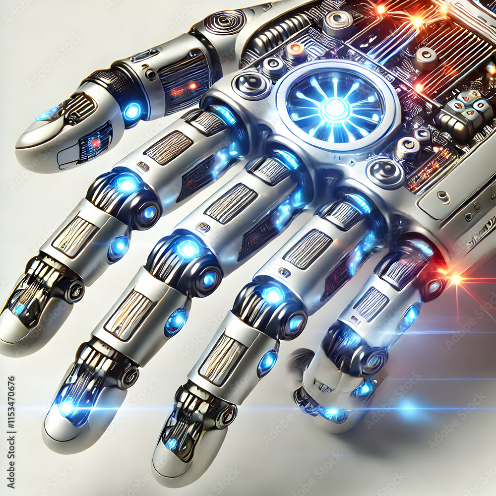 Poster futuristic 3d macro shot robotic hand led lights isolated on white background - space for text overl