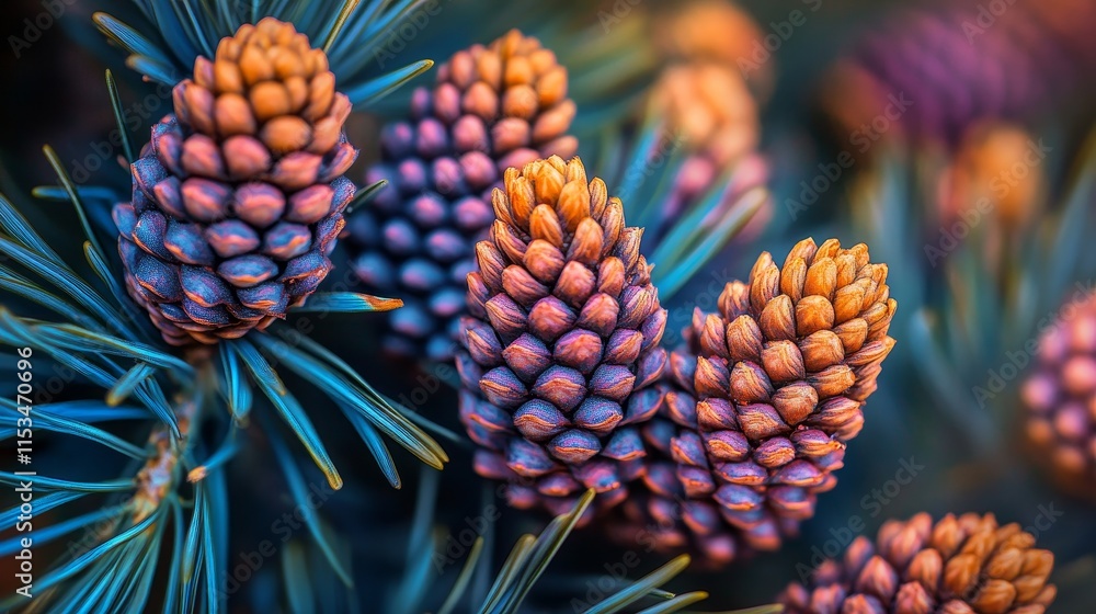 Poster close up view of pine tree needles featuring vibrant cones, showcasing the intricate details of pine