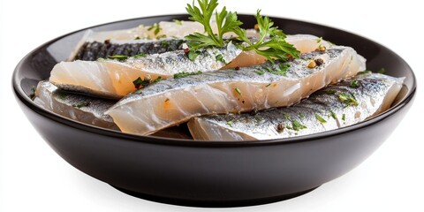 Salted herring fillet displayed in isolation, featuring raw pickled fish meat seasoned with herbs and spices. This marinated herring is shown in a black bowl against a white background.