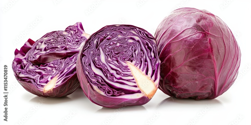 Poster fresh red cabbage displayed on a clean white background, showcasing the vibrant color and texture of