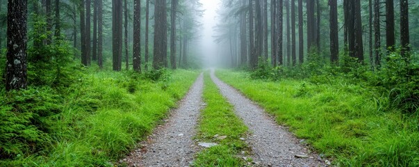 Misty Forest Pathway Through Lush Greenery