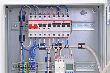 An electric switchboard for the organization of electricity supply to the apartment. Close-up. Soft...