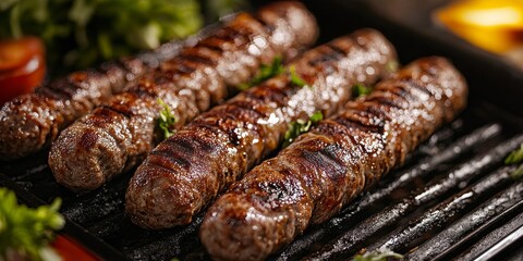 Grilled cevapcici represented in selective focus, showcasing mouth watering minced rolls of cevapcici with a specially tinted appearance, capturing the essence of delicious cevapcici.