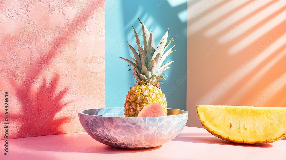 Wall mural Tropical fruits with a pineapple on a bright pink backdrop